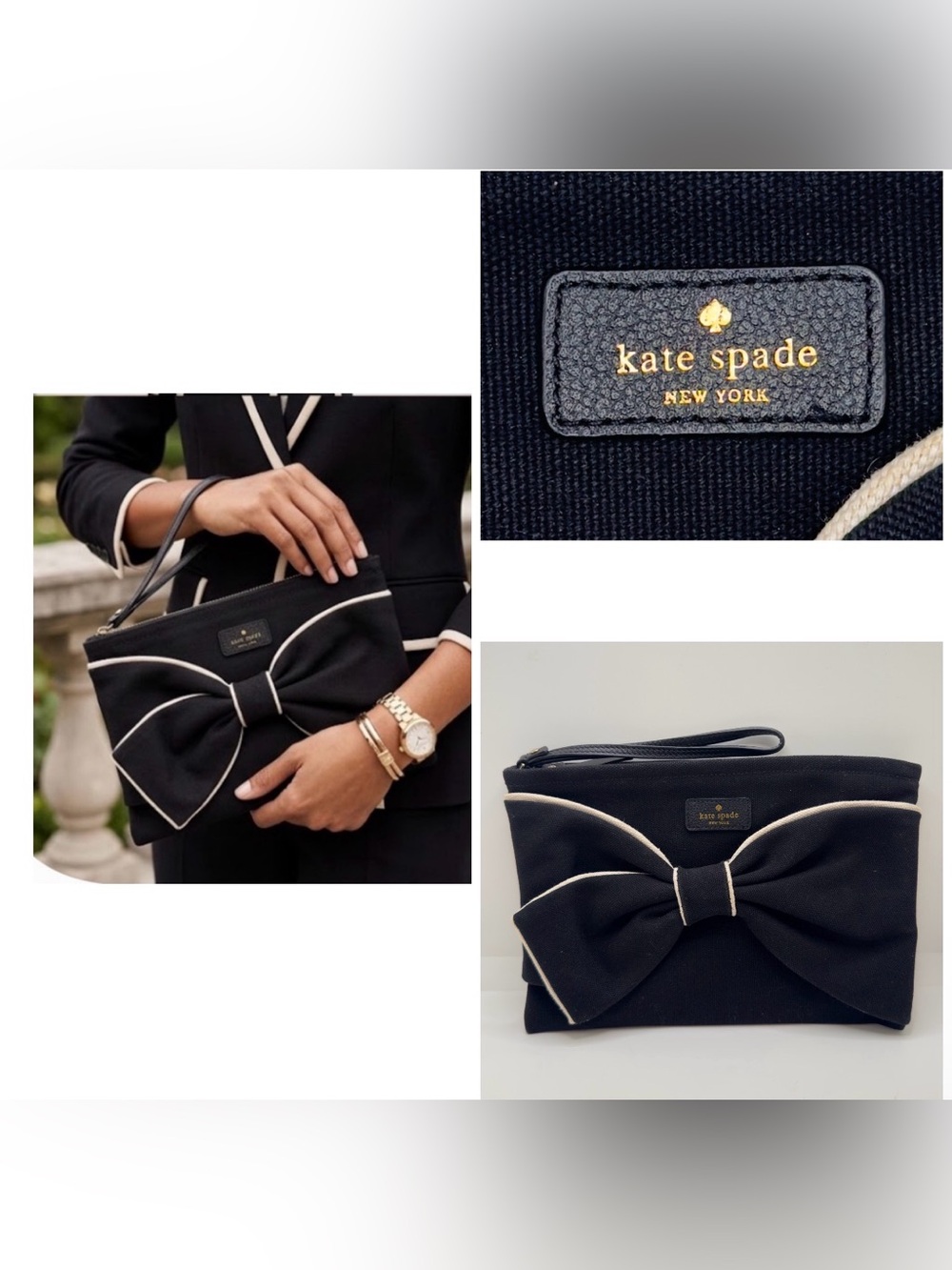 Kate Spade VintageKate Spade Vintage Black Bow Wristlet Clutch Canvas Zip Pouch